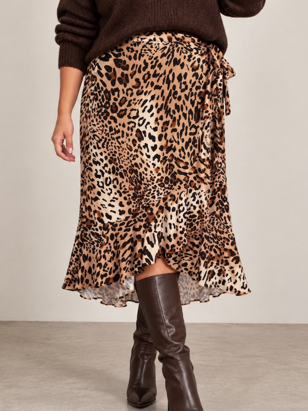 Y2K Leopard Faux Wrap Skirt Ruffle Hem Midi Animal Print Stretch Neutral